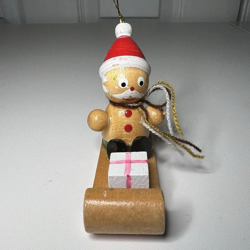 Vintage Wooden Ornament Santa‎ Claus Riding Sled